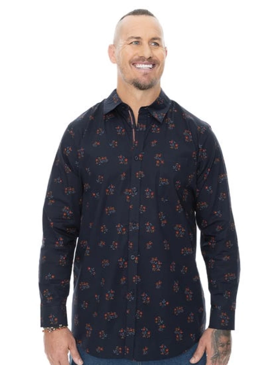 Built N Fit Men's Navy Floral Long Sleeve Shirt for Big & Tall Sizes