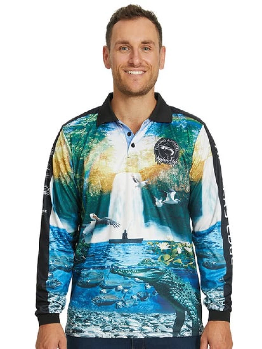 Men's Anglers Edge Green Waterfall Performance Fishing Polo Shirt for Outdoor Enthusiasts