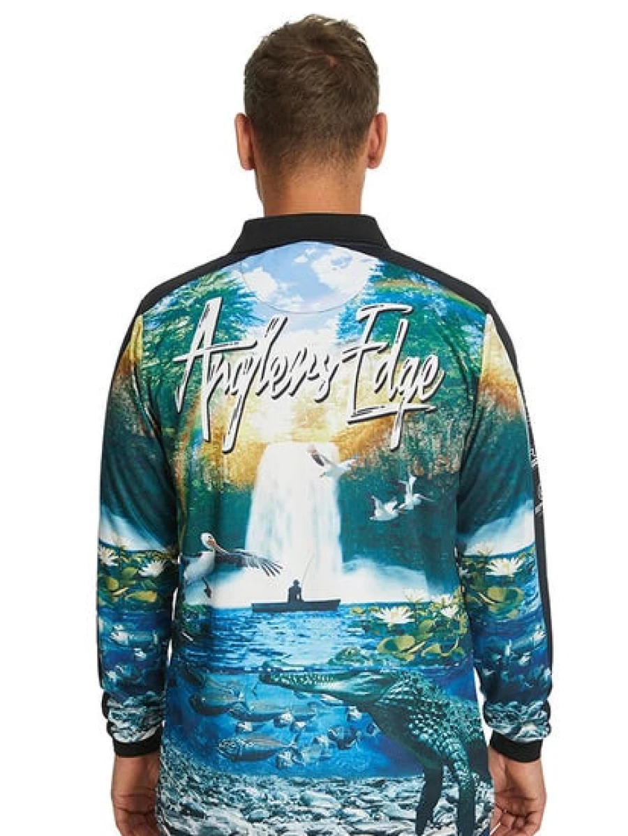 Men's Anglers Edge Green Waterfall Performance Fishing Polo Shirt for Outdoor Enthusiasts