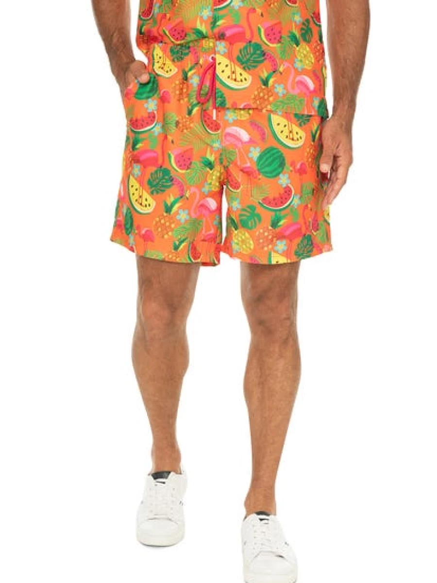 Riley Adams Men's Flamingo Print Matching Party Shorts Tropical Fruit Design