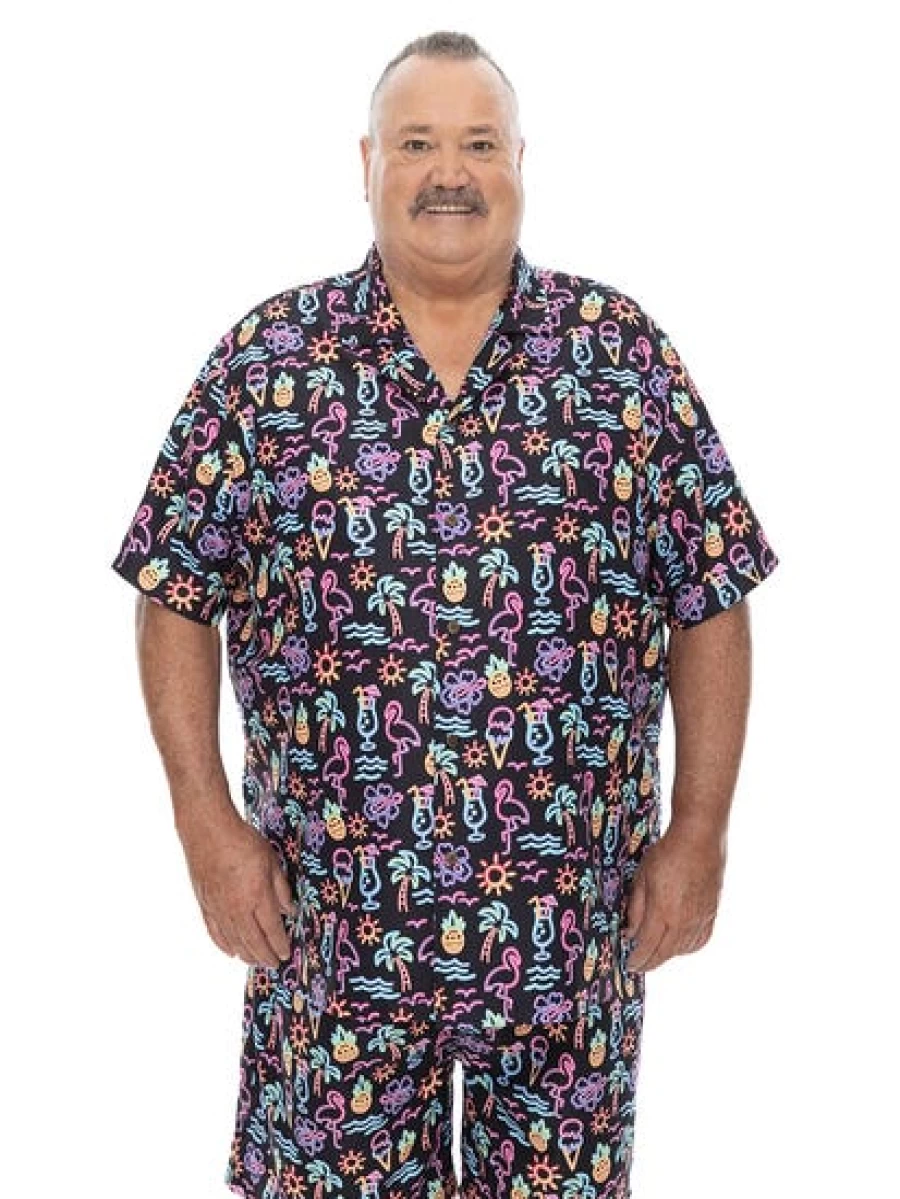 BUILT N FIT Men's Big & Tall Tropical Print Short Sleeve Shirt - Bright Hawaiian Summer Shirt