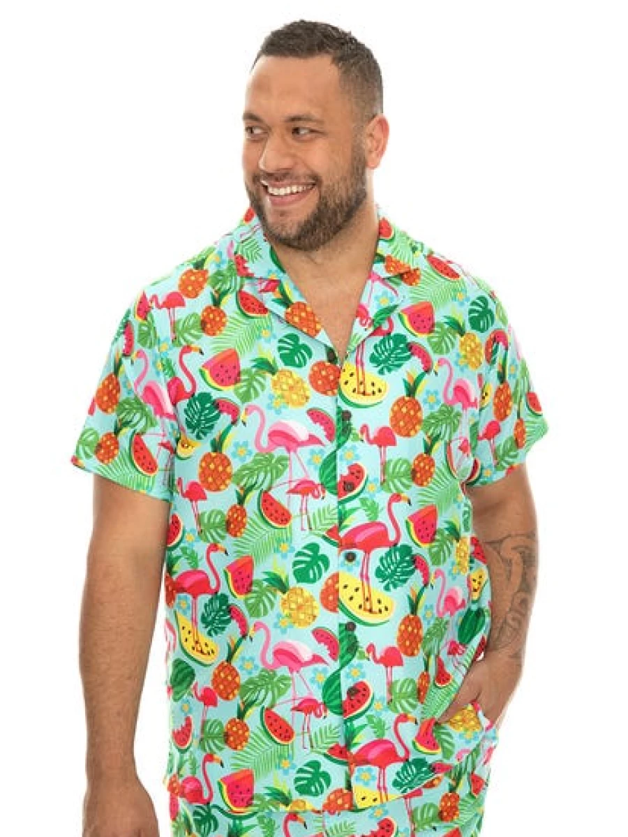 DBK Men's Fruity Flamingo Print Big & Tall Short Sleeve Party Shirt