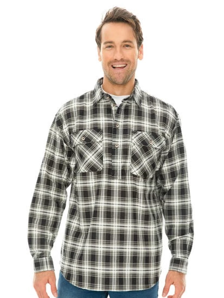 Lowes Men's Black & White Flannel Shirt with 1/4 Placket - Soft Plaid Long Sleeve Button-Up