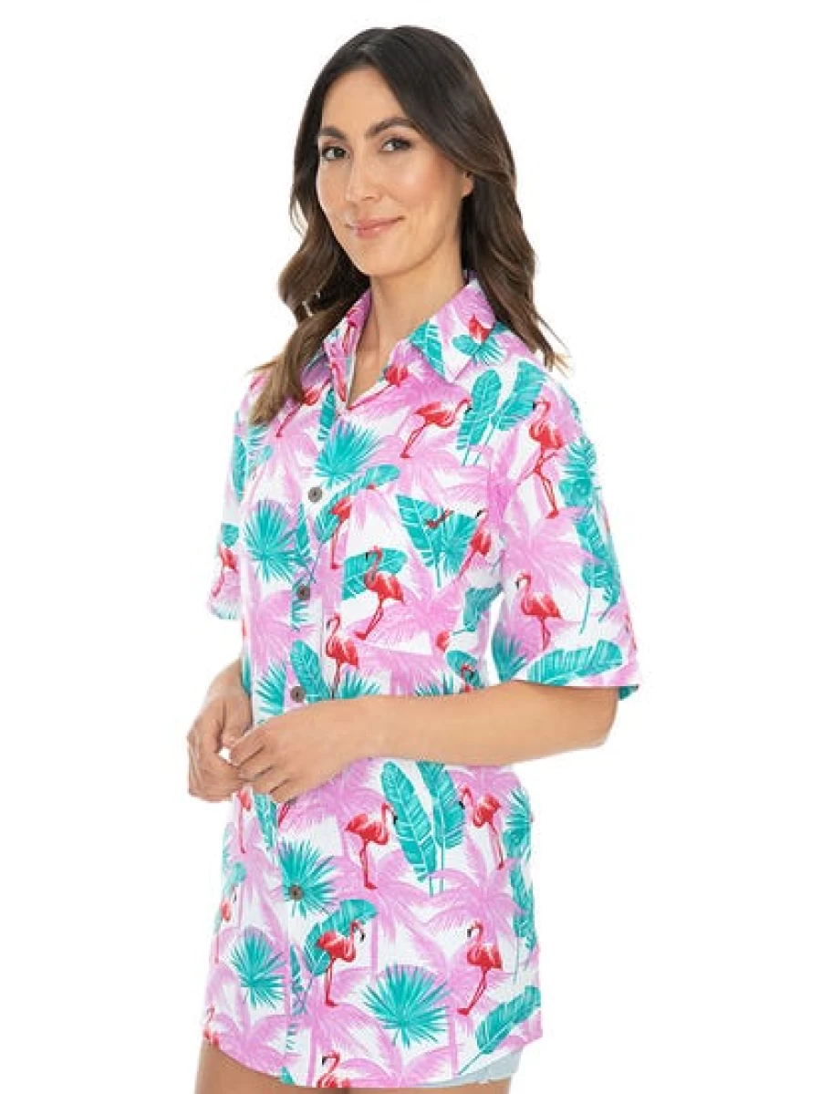 Lowes Men's Hawaiian Shirt with Pink Flamingo & Palm Tree Design