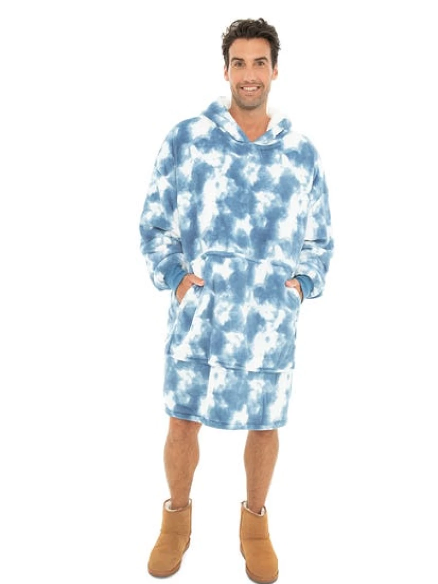 "Lowes Men's Oversized Tie-Dye Hoodie Blanket - Blue And White Cozy Pullover"