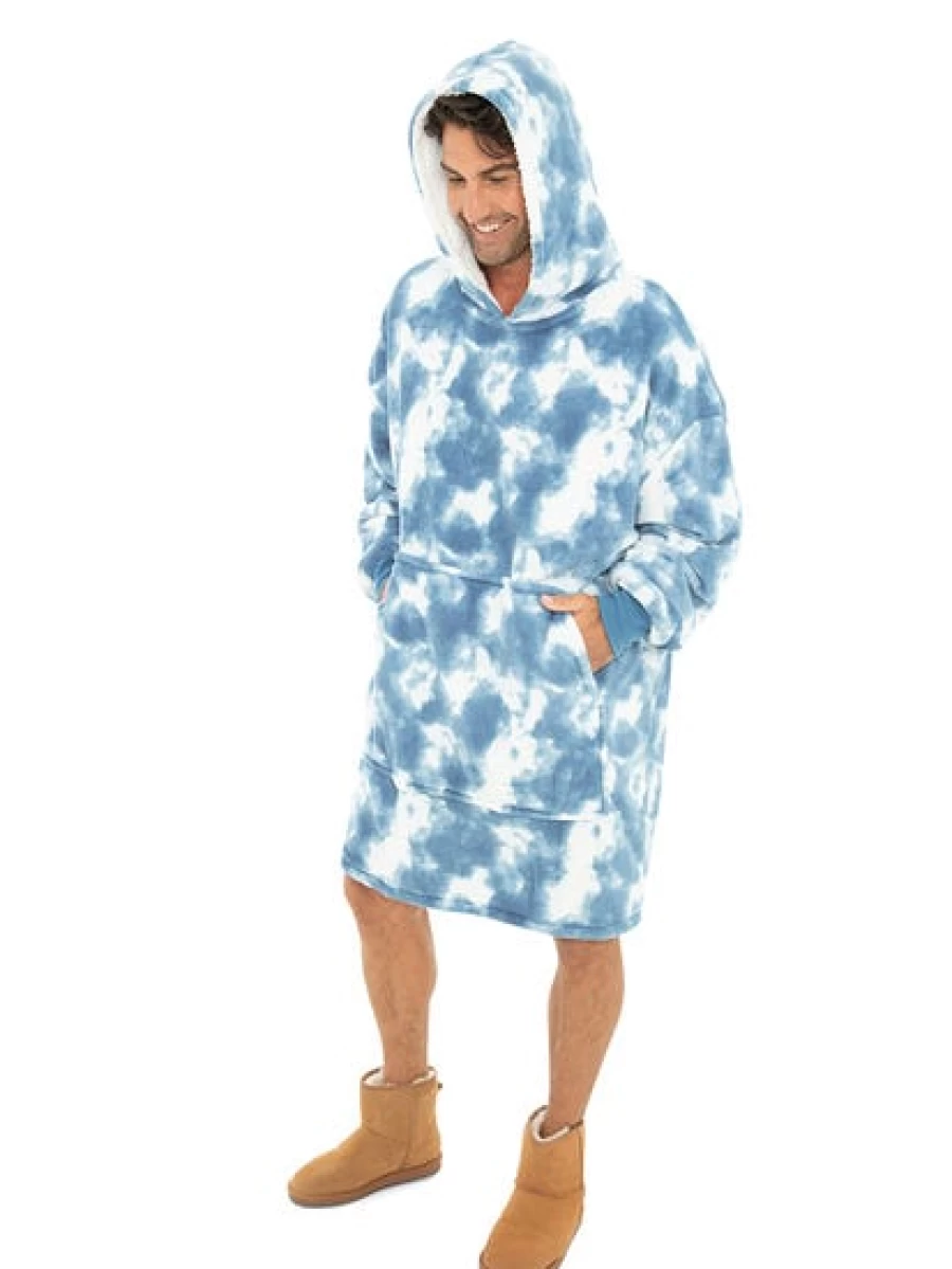 "Lowes Men's Oversized Tie-Dye Hoodie Blanket - Blue And White Cozy Pullover"