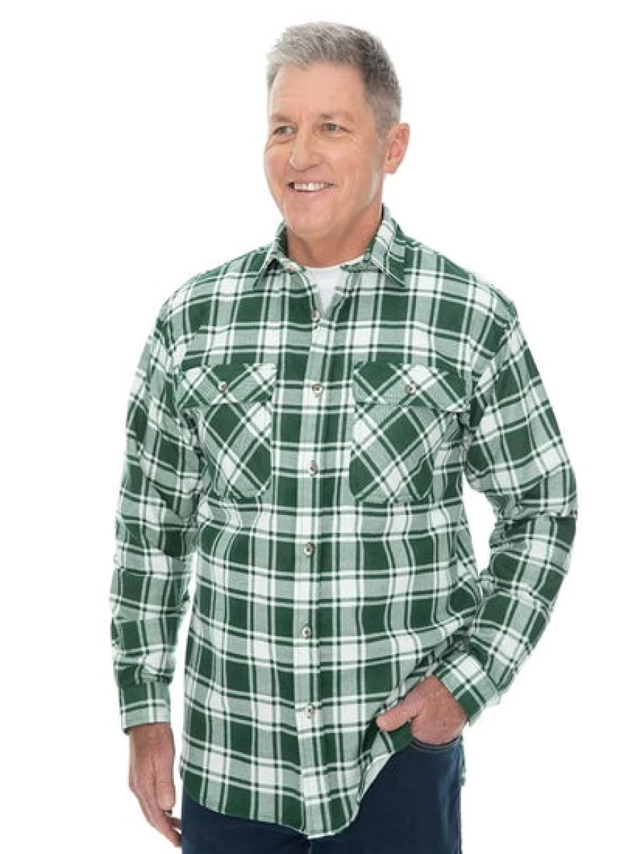 Lowes Men's Flannelette Shirt in Green and Navy - Soft Plaid Long Sleeve Shirt