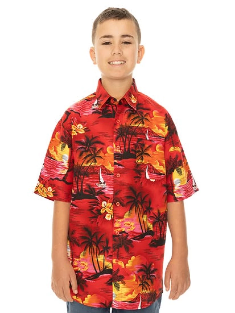 Lowes Kids Red Hawaiian Shirt - Tropical Island Print Aloha Shirt for Boys and Girls