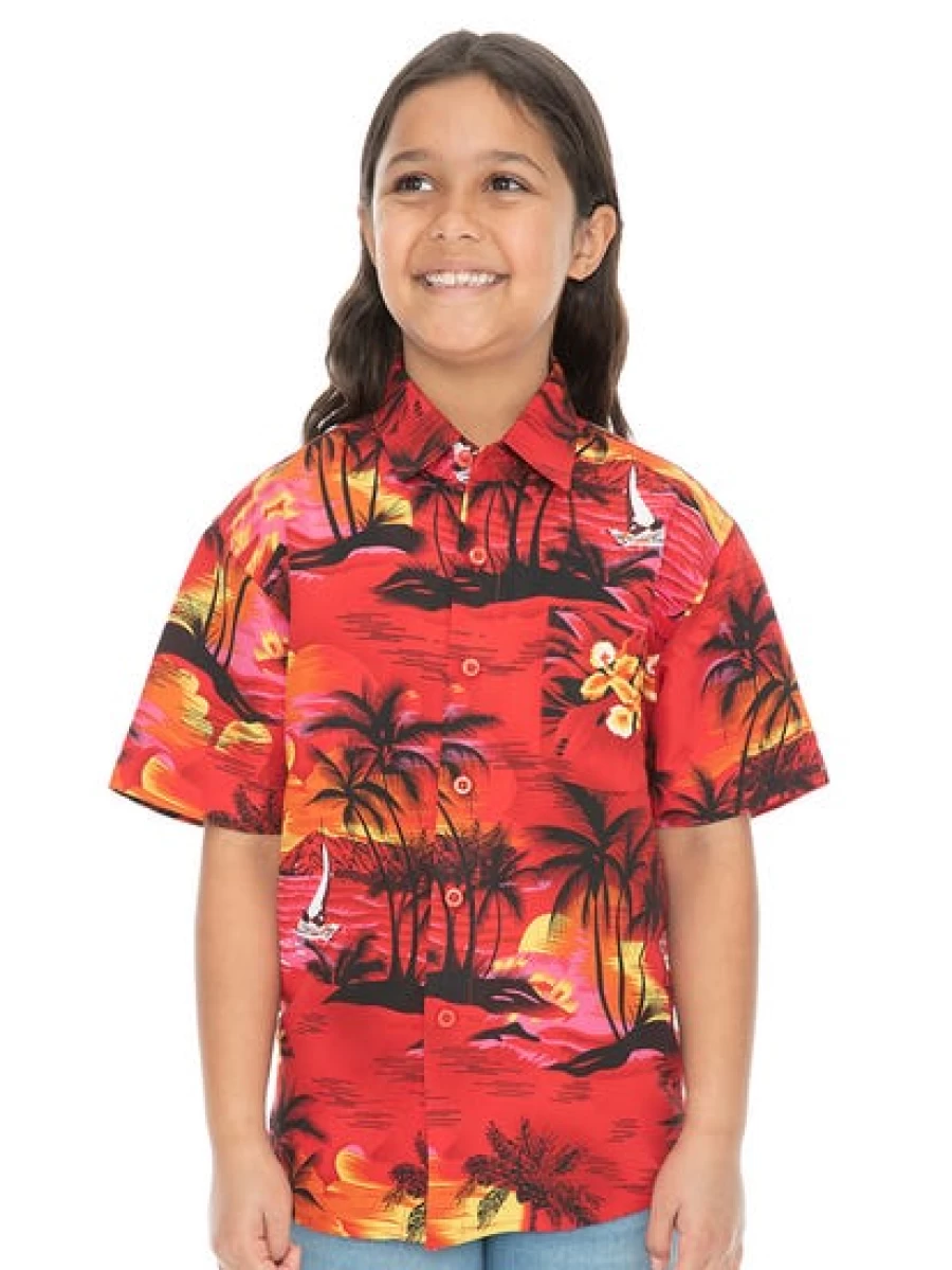 Lowes Kids Red Hawaiian Shirt - Tropical Island Print Aloha Shirt for Boys and Girls