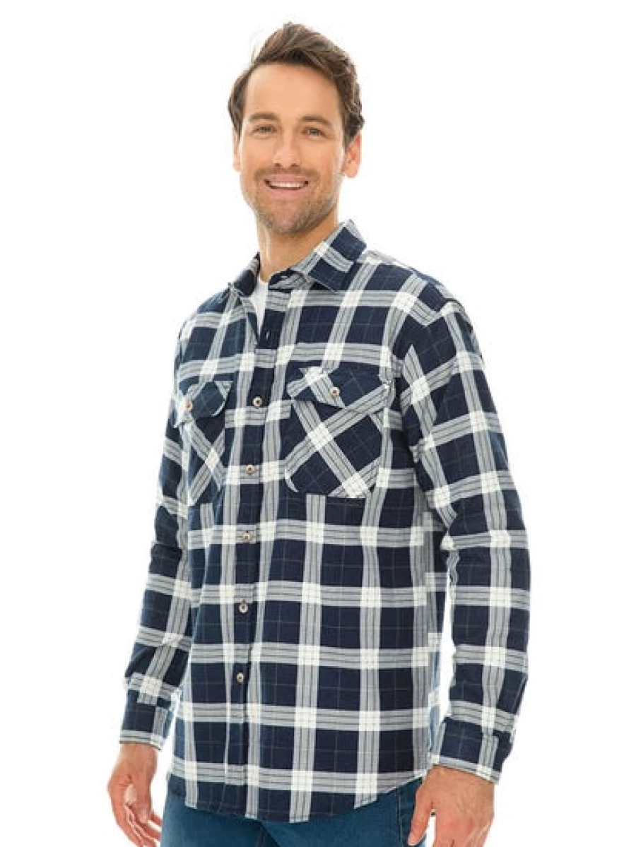 Lowes Men's Navy Check Flannel Shirt - Soft Plaid Long Sleeve Casual Button-Up