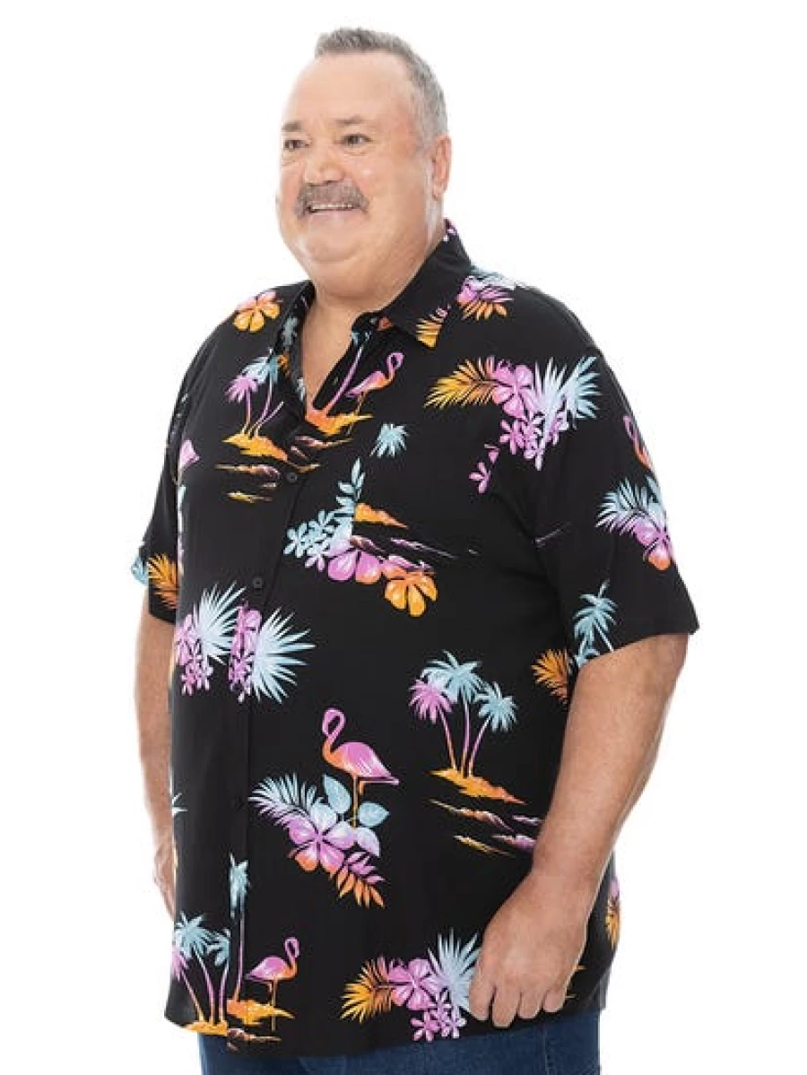 BUILT N FIT Men's Flamingo Print Short Sleeve Hawaiian Shirt - Big & Tall Tropical Vacation Shirt