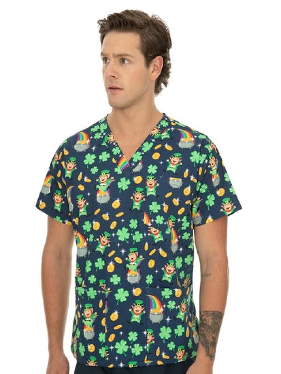 Lowes Men's Hospital Scrubs Top - Navy Blue with Lucky Irish Design