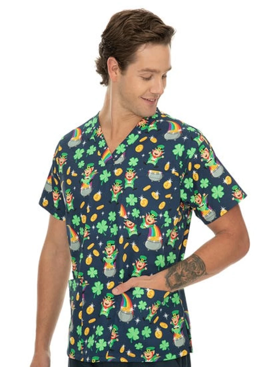 Lowes Men's Hospital Scrubs Top - Navy Blue with Lucky Irish Design