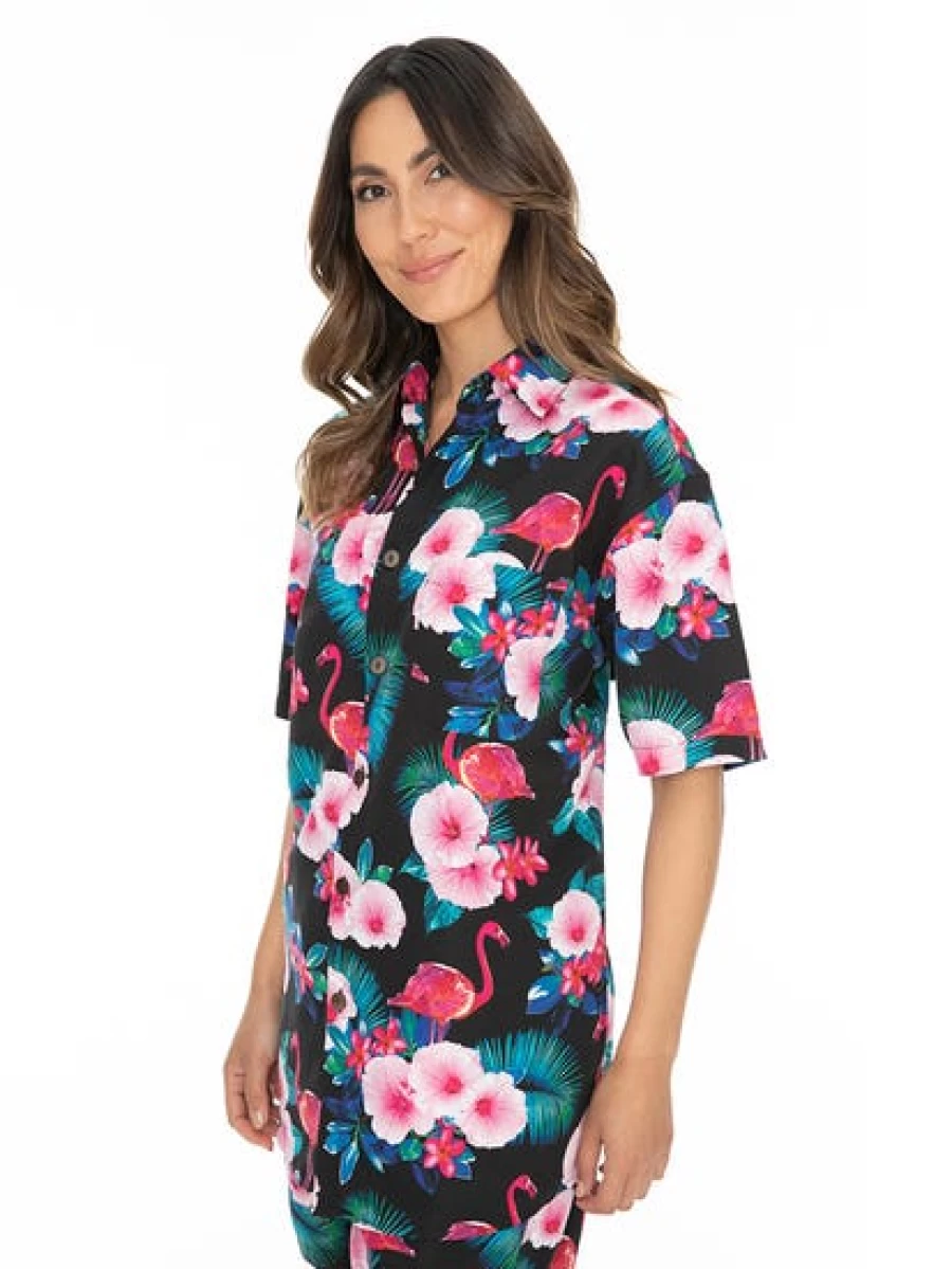 Lowes Men's Hawaiian Shirt - Black Flamingo & Hibiscus Print Short Sleeve Aloha Shirt