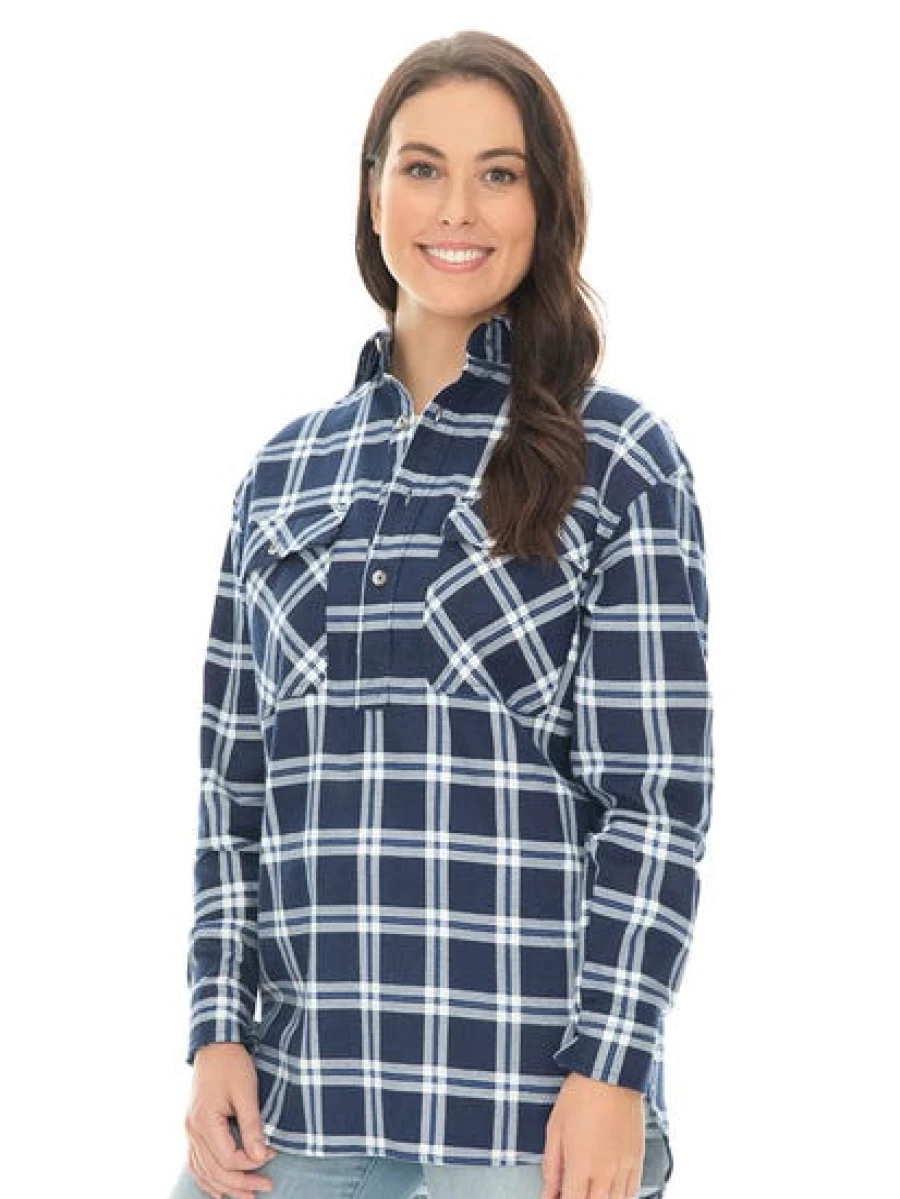 Lowes Unisex Navy Flannel Shirt with 1/4 Placket - Soft Plaid Long Sleeve Button-Up Top