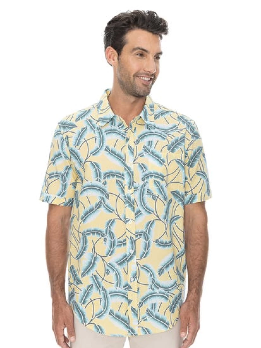 Elliotts Men's Seersucker Short Sleeve Shirt - Yellow Palm Print Casual Summer Top