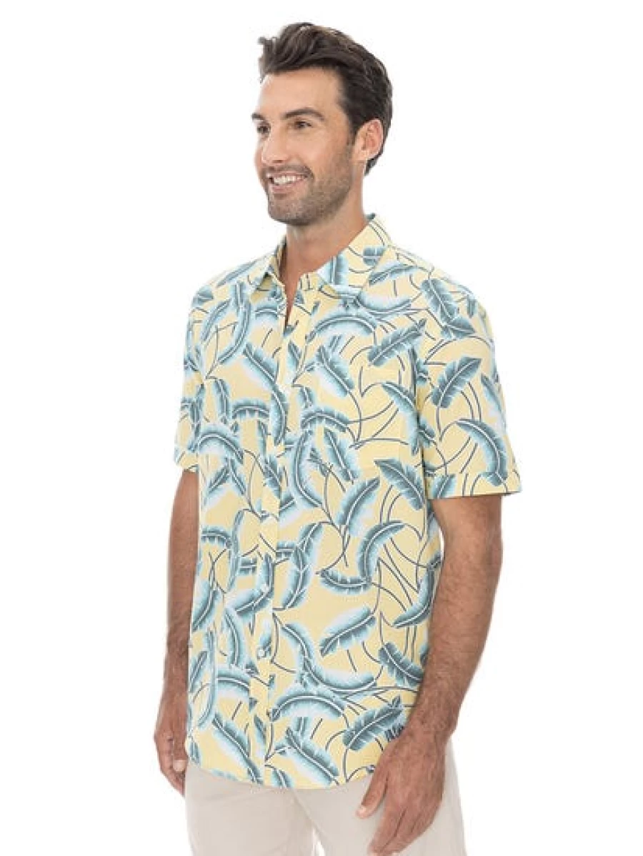 Elliotts Men's Seersucker Short Sleeve Shirt - Yellow Palm Print Casual Summer Top