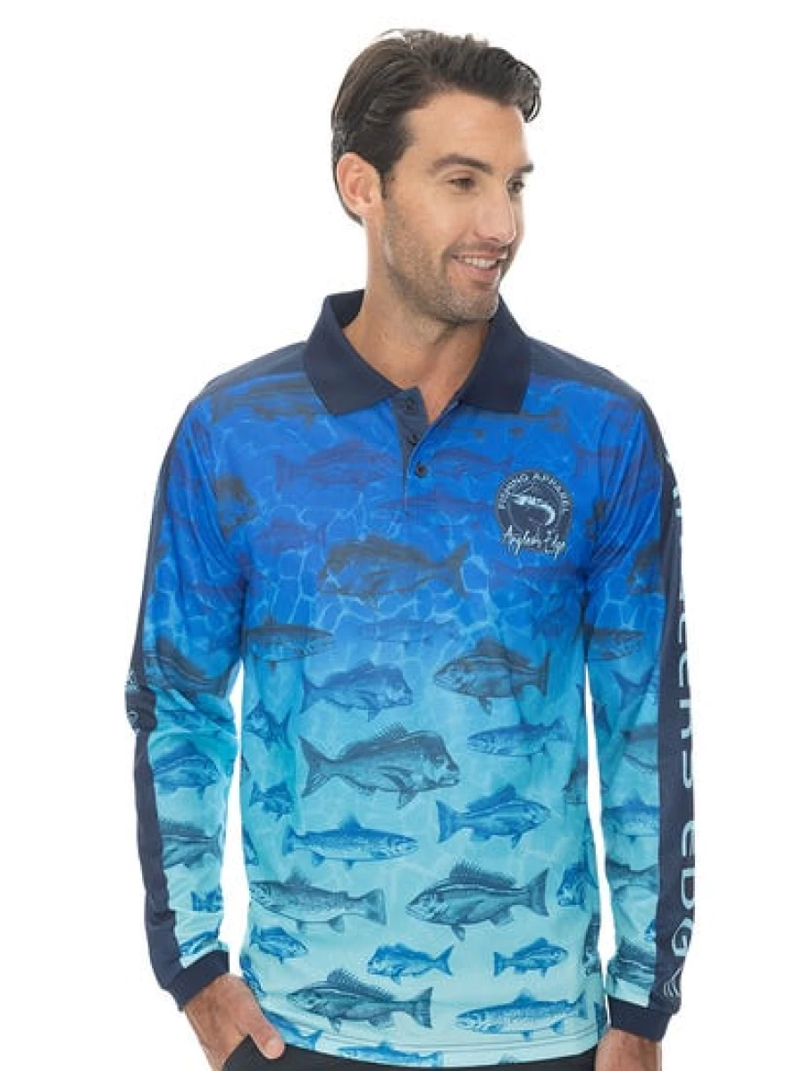 "Anglers Edge Men's Fishing Polo Shirt - Long Sleeve Blue Performance Top for Anglers"