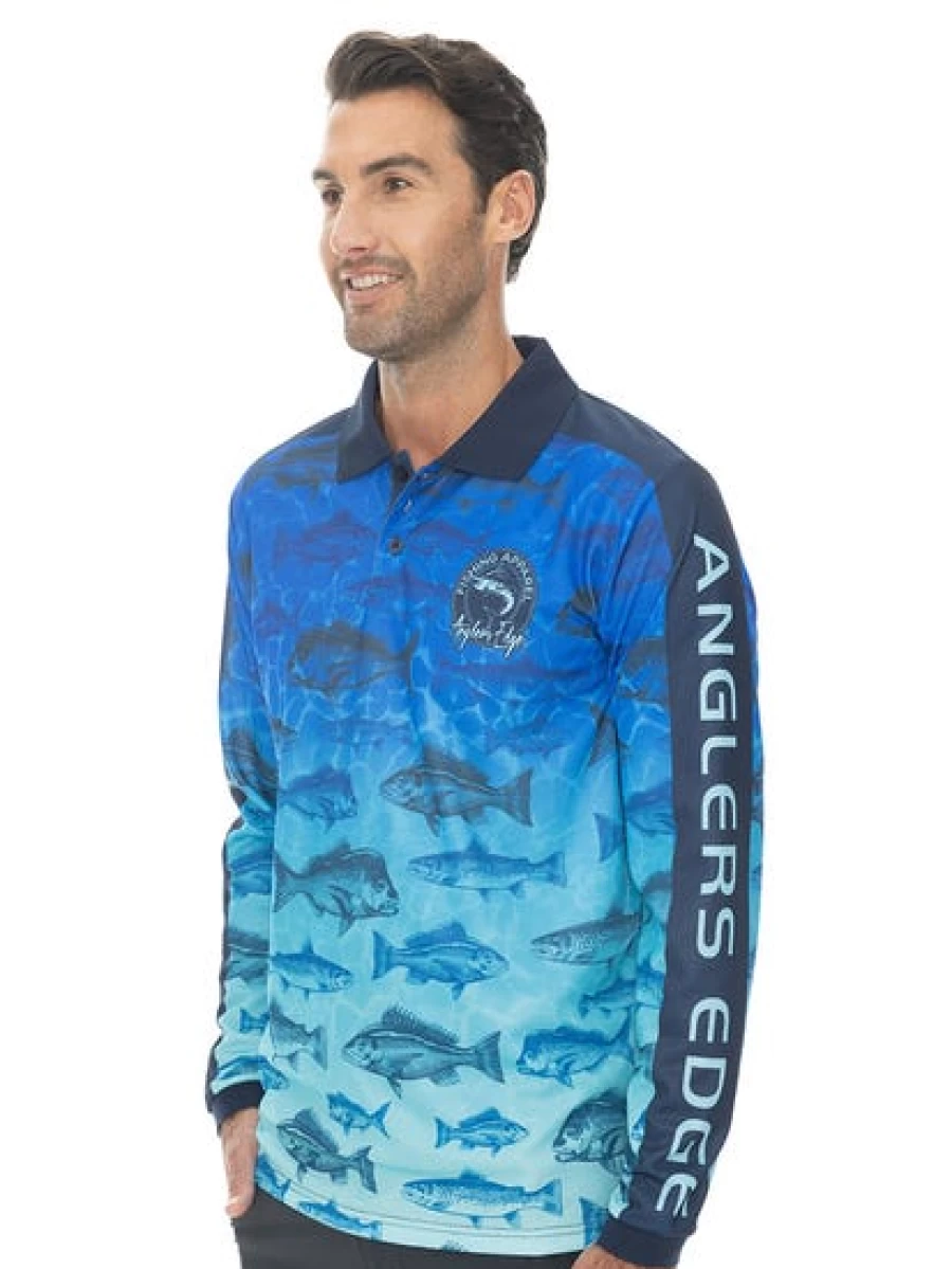 "Anglers Edge Men's Fishing Polo Shirt - Long Sleeve Blue Performance Top for Anglers"