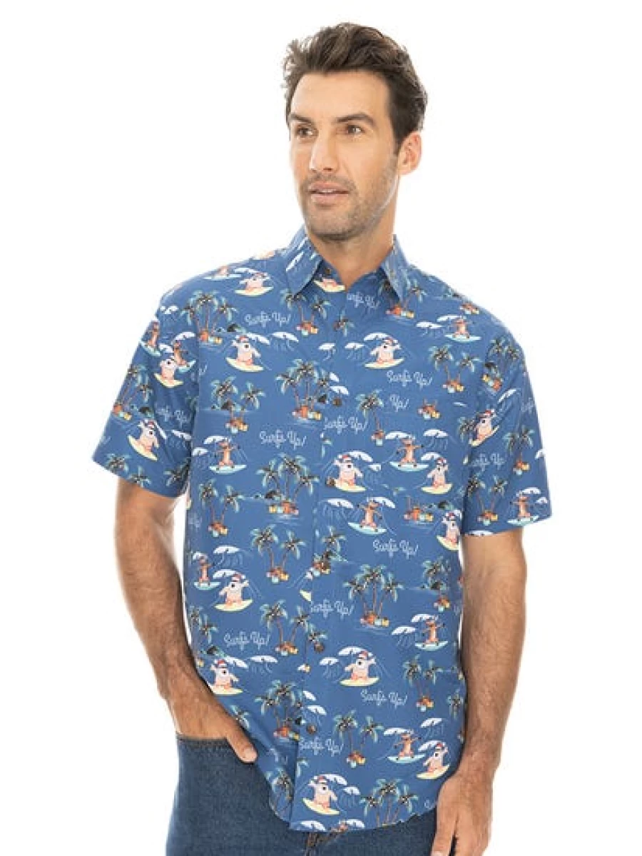 "Lowes Men's Printed Christmas Shirt - Blue Surfs Up Holiday Design"