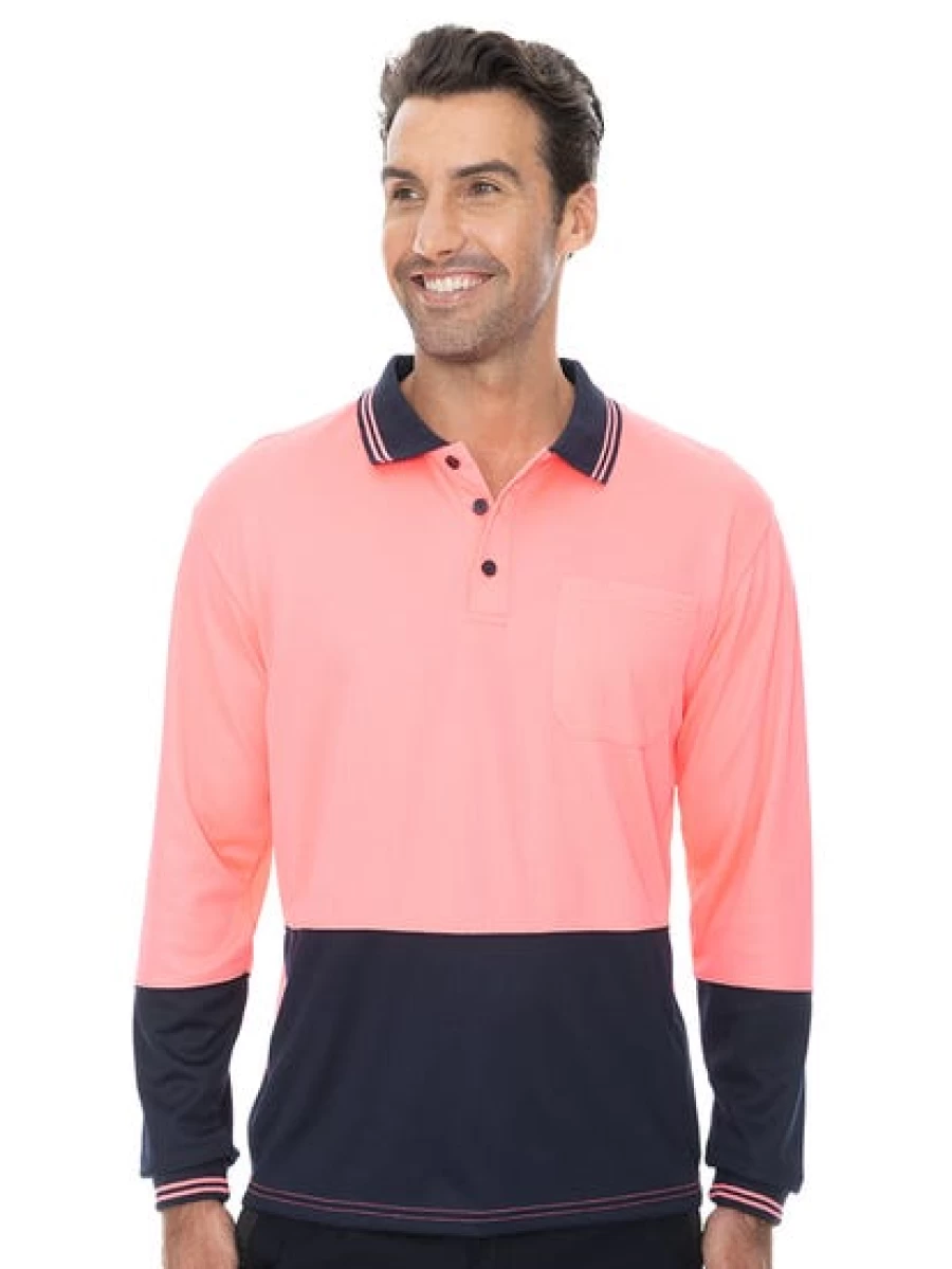 Traders Men's High Visibility Long Sleeve Polo Shirt in Pink & Navy Safety Workwear