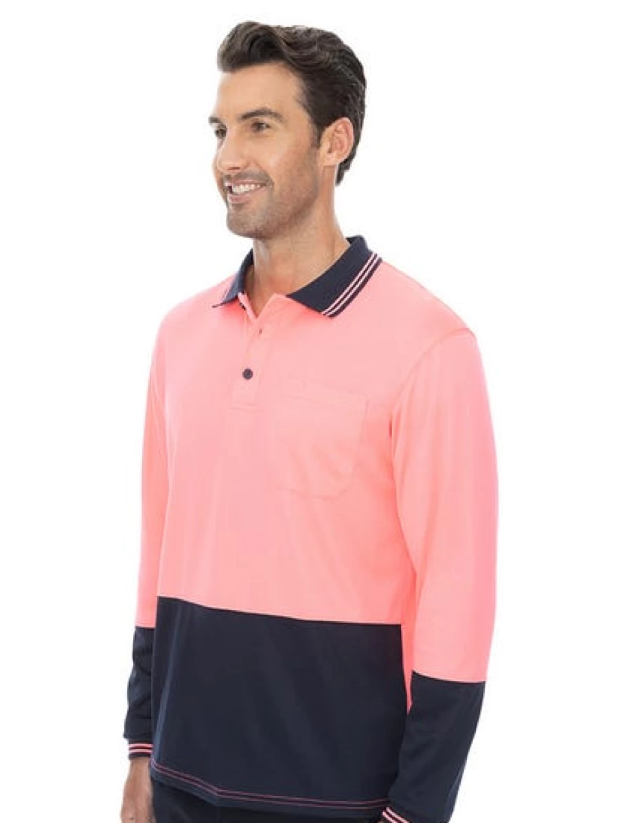 Traders Men's High Visibility Long Sleeve Polo Shirt in Pink & Navy Safety Workwear