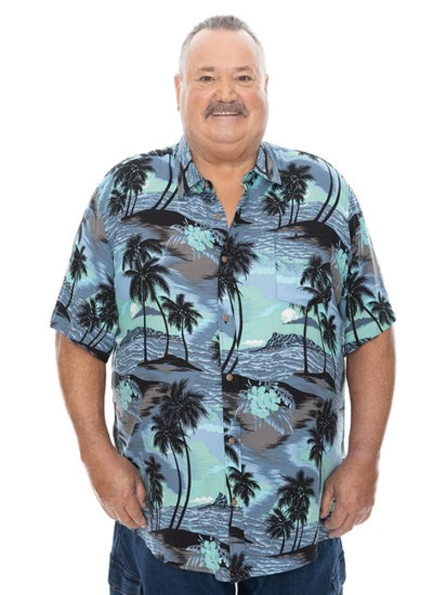 BUILT N FIT Men's Big & Tall Short Sleeve Hawaiian Shirt - Blue Island Print Vacation Beach Shirt