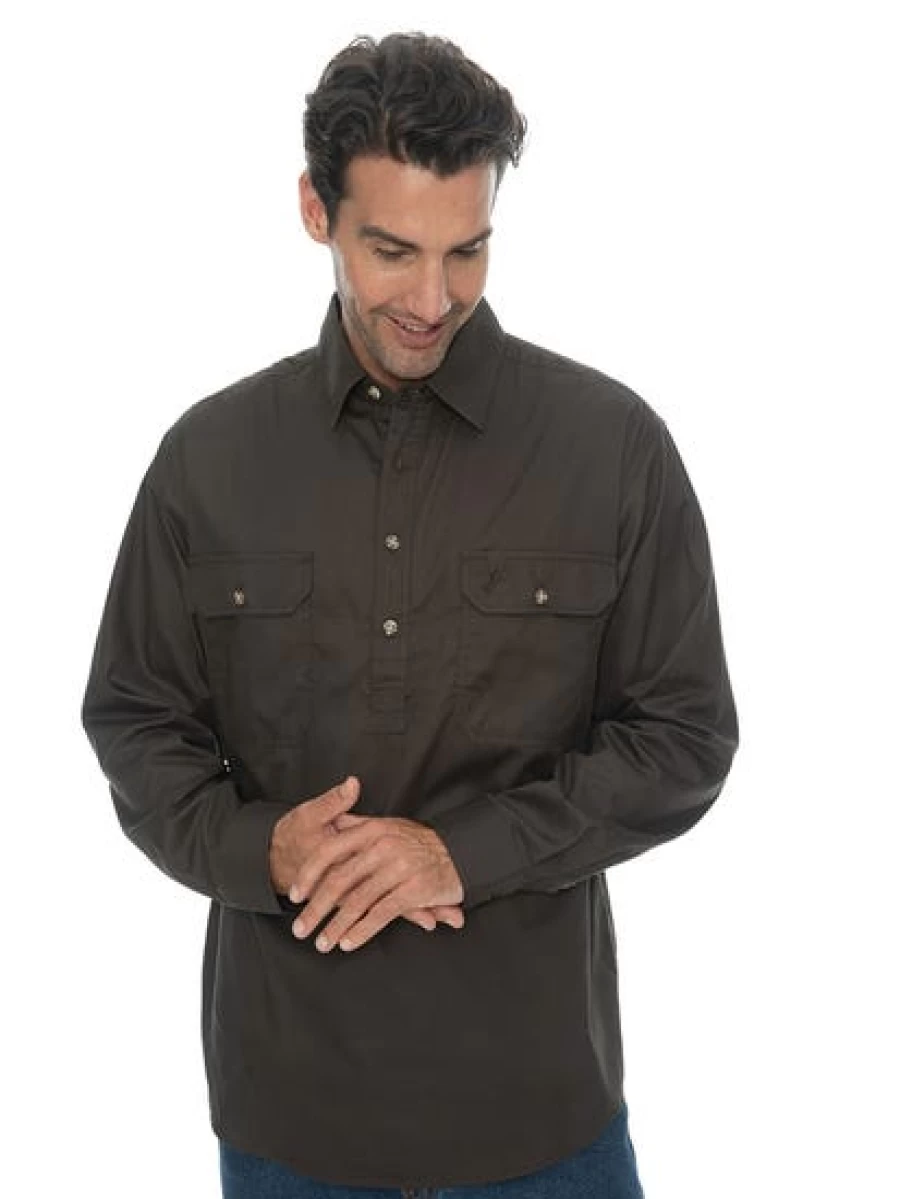 Men's Outdoor Grey Shirt - Quarter Placket Button-Up by Traders Country
