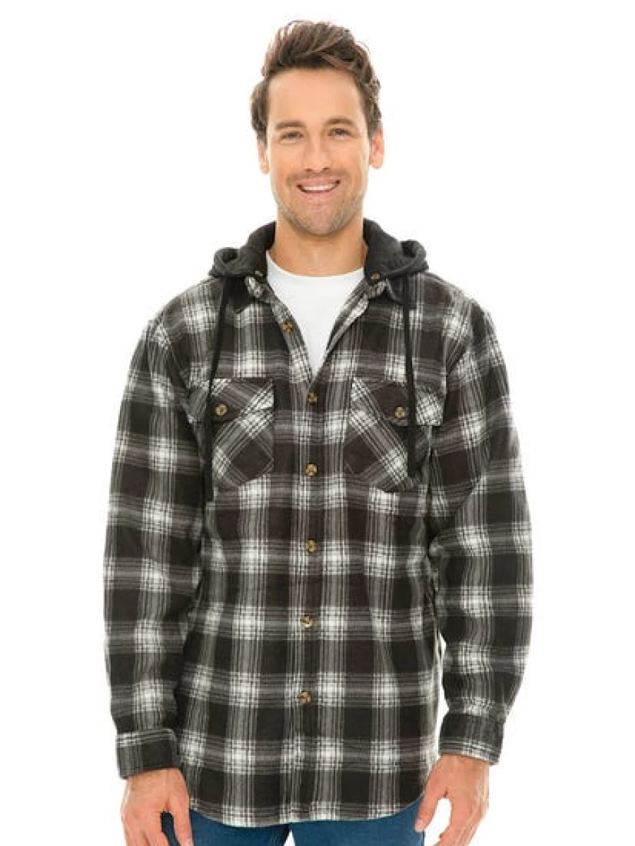 Lowes Men's Black Checkered Polar Fleece Hooded Shirt Jacket