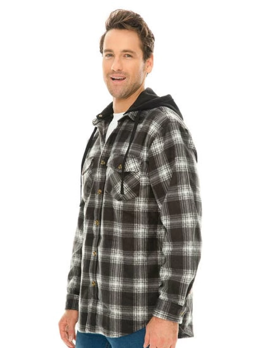 Lowes Men's Black Checkered Polar Fleece Hooded Shirt Jacket