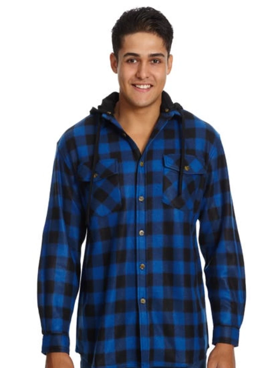 Lowes Men's Blue and Black Checkered Shirt with Detachable Hood