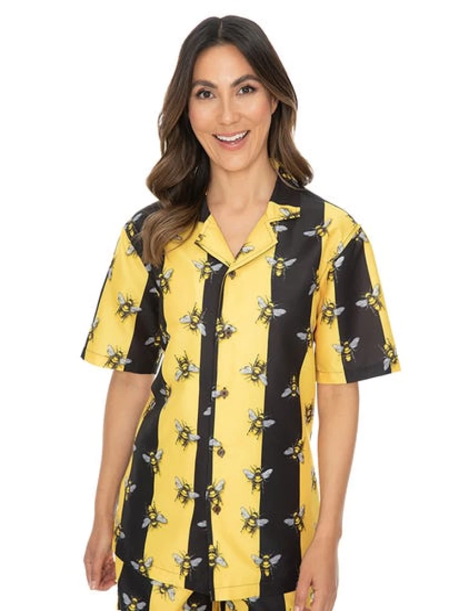 Men's Pacifica Short Sleeve Party Shirt with Gold Bee Print - Black Casual Top
