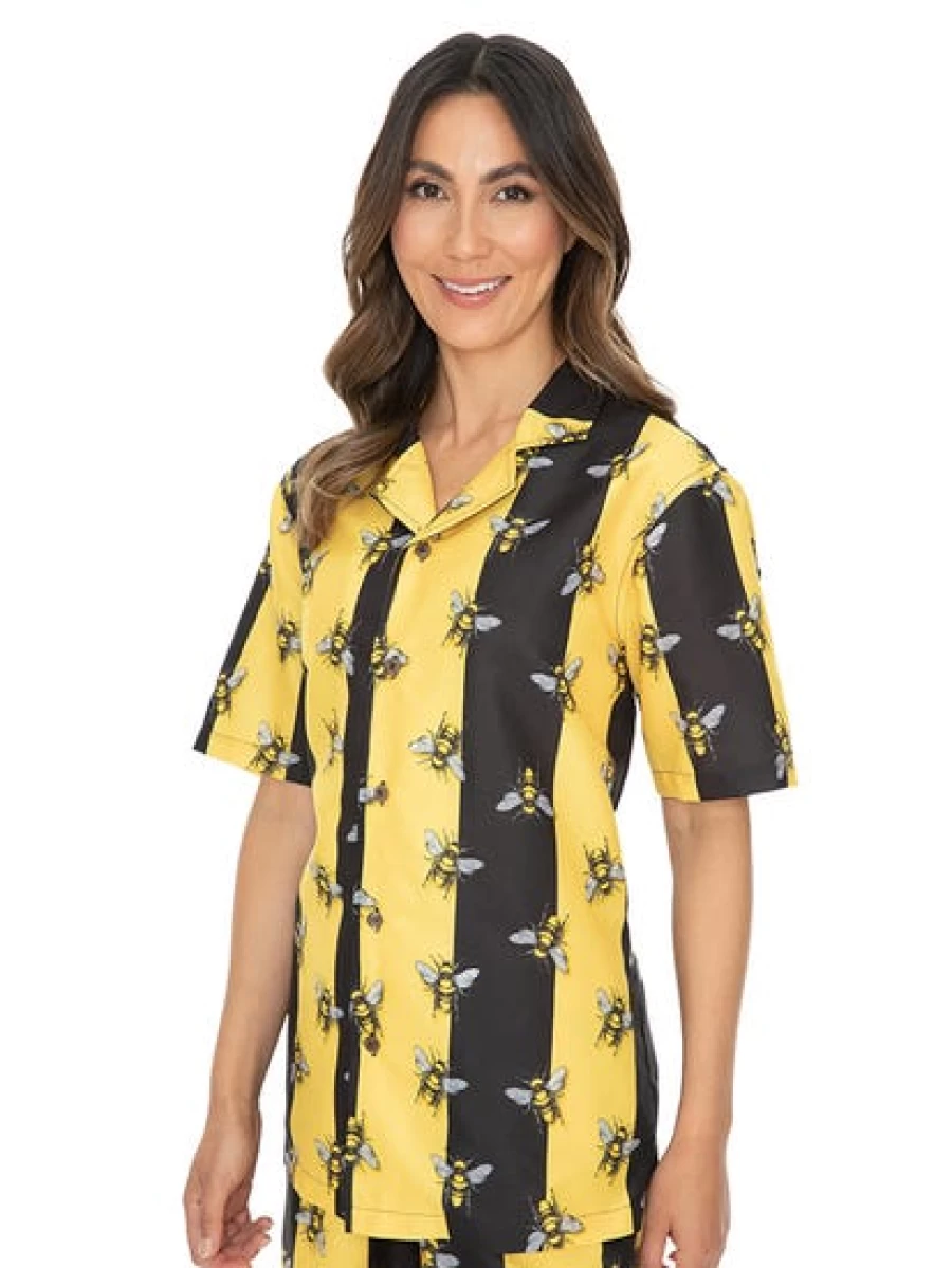 Men's Pacifica Short Sleeve Party Shirt with Gold Bee Print - Black Casual Top