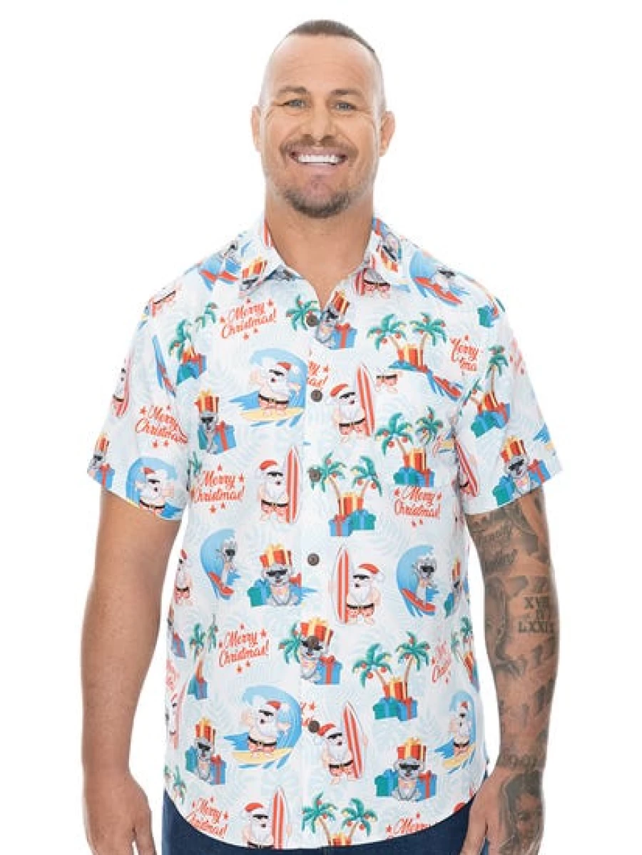 DBK Men's Big & Tall White Christmas Hawaiian Shirt - Holiday Aloha Print Shirt