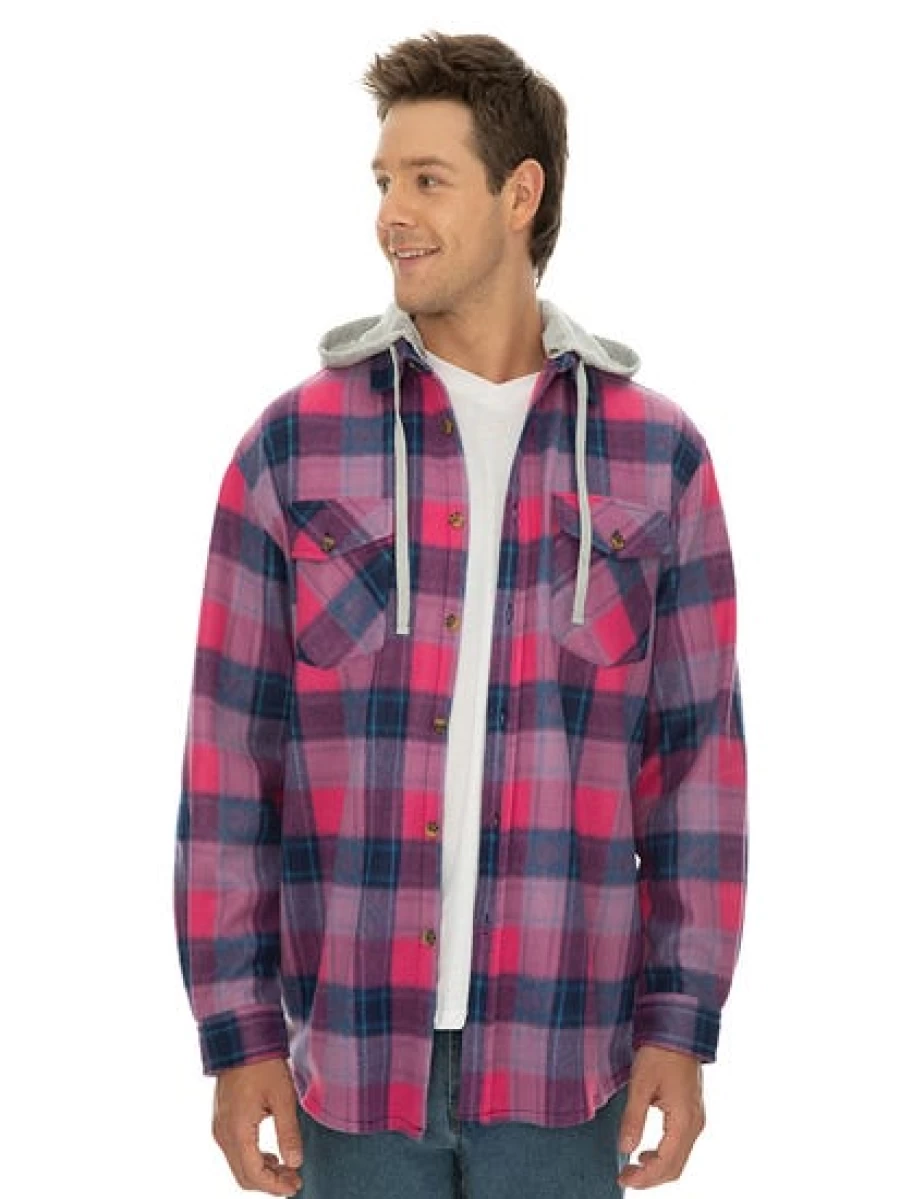 Lowes Men's Polar Fleece Hooded Shirt in Pink Check Pattern