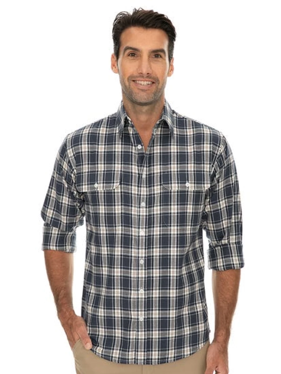 Bisley Men's Navy Long Sleeve Check Shirt - Classic Plaid Casual Button Down Top