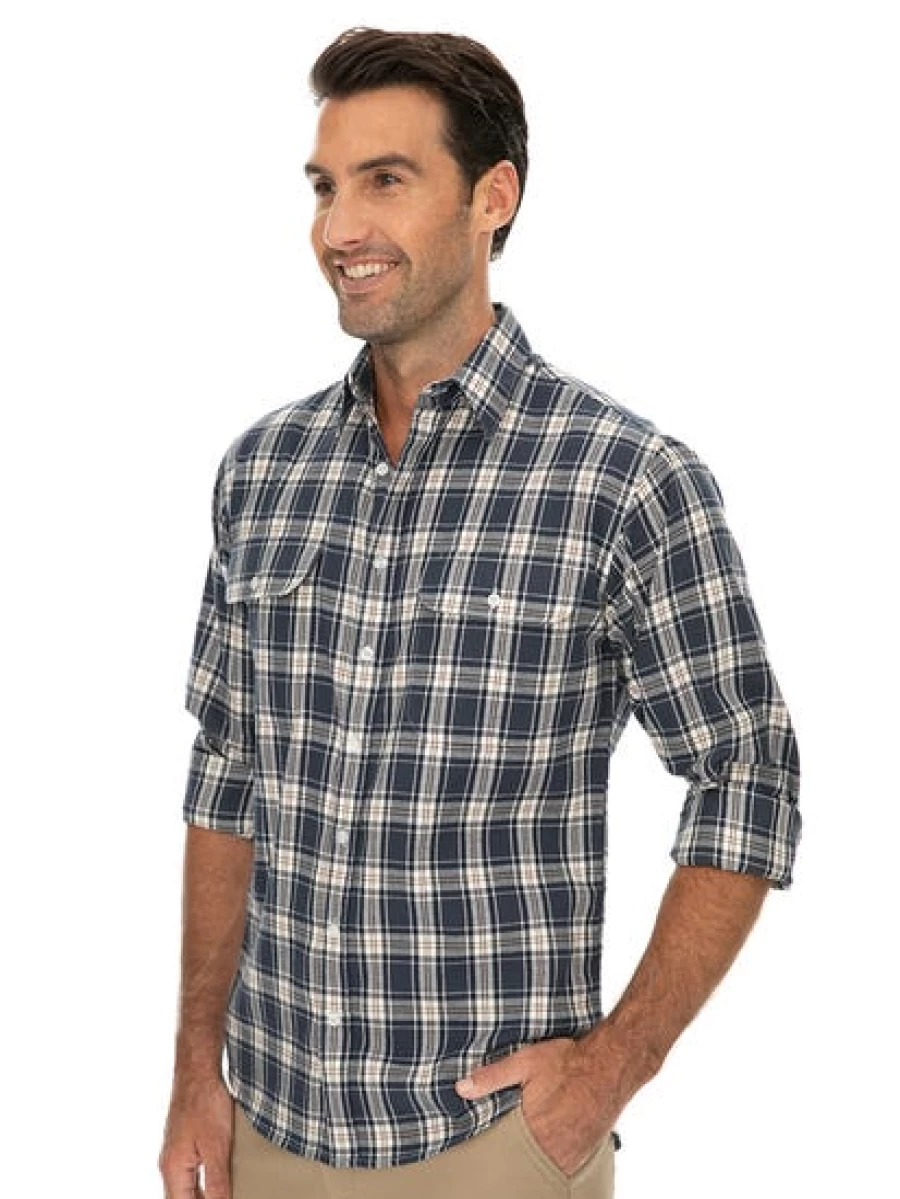 Bisley Men's Navy Long Sleeve Check Shirt - Classic Plaid Casual Button Down Top