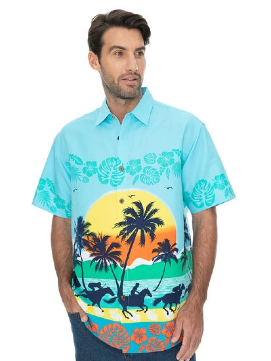 Lowes Men's Hawaiian Shirt with Blue Sunset and Horse Print - Casual Aloha Beach Shirt