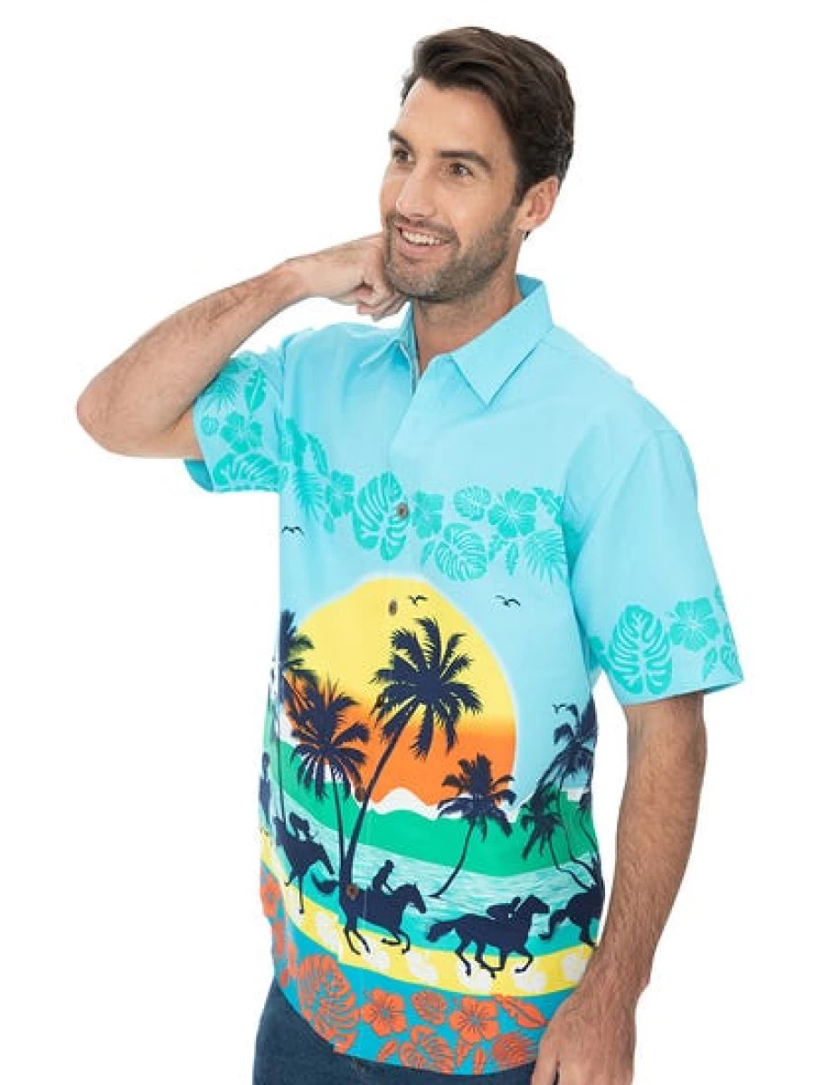 Lowes Men's Hawaiian Shirt with Blue Sunset and Horse Print - Casual Aloha Beach Shirt