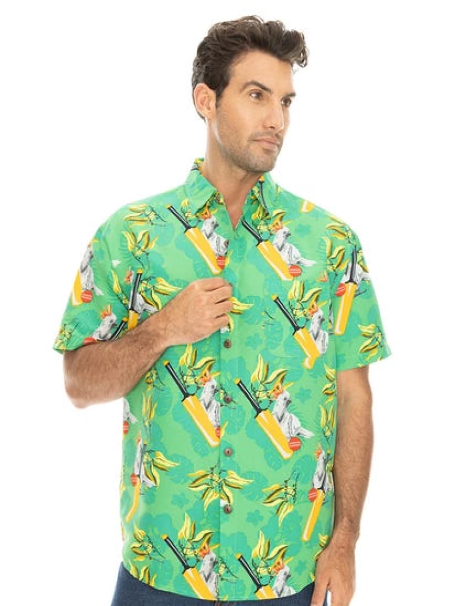 Lowes Men's Hawaiian Shirt Green Cockatoo Cricket Print Short Sleeve Casual Beach Shirt