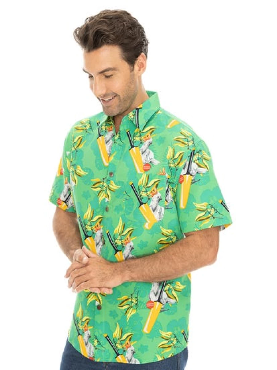 Lowes Men's Hawaiian Shirt Green Cockatoo Cricket Print Short Sleeve Casual Beach Shirt