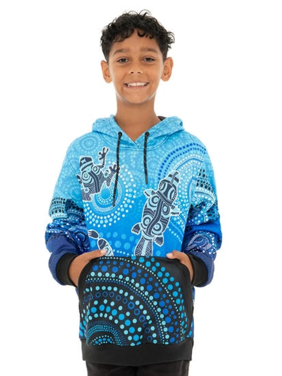 Gwiyaala Men's First Nation Popover Hoodie - Blue Cultural Streetwear