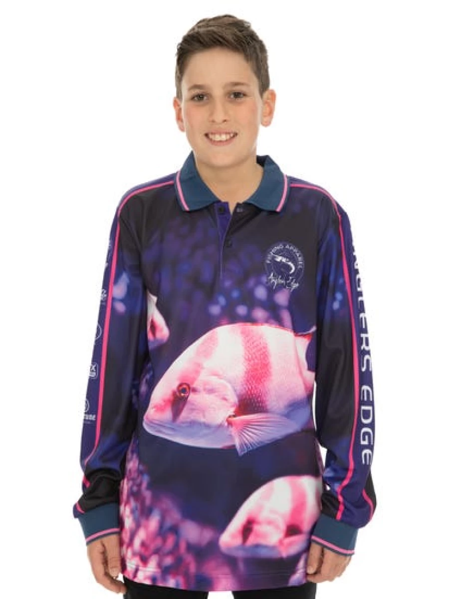 Anglers Edge Kids Fishing Polo Shirt - Long Sleeve Pink Performance Top for Young Anglers