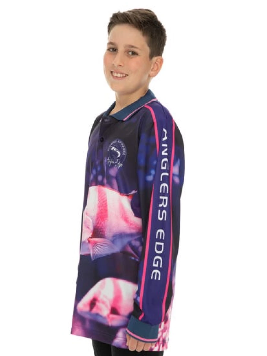 Anglers Edge Kids Fishing Polo Shirt - Long Sleeve Pink Performance Top for Young Anglers