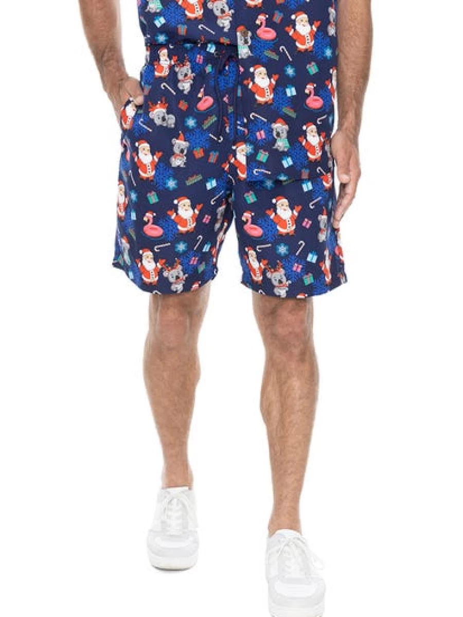Lowes Men's Christmas Printed Shorts Navy Santa & Koala Holiday Design