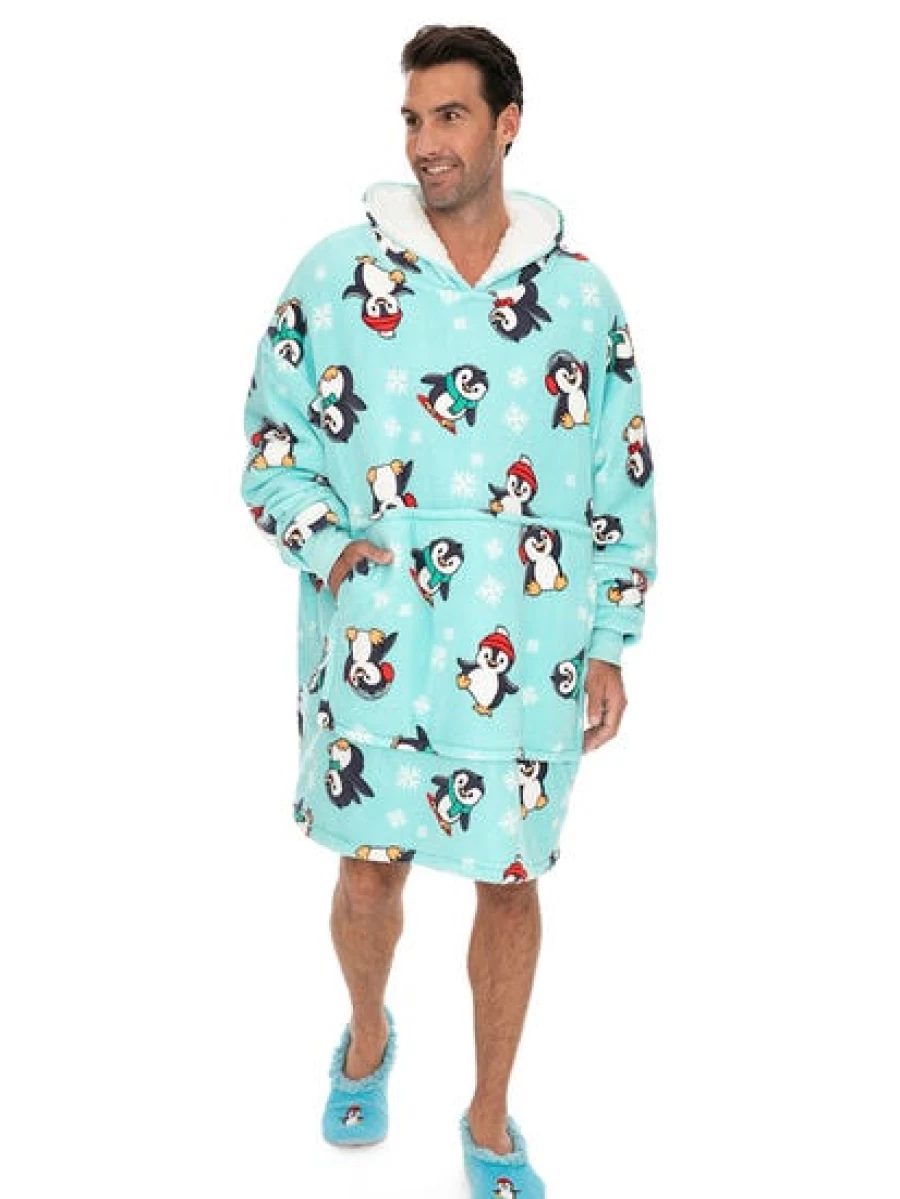 Lowes Men's Penguin Blue Hooded Blanket - Cozy Fleece Wearable Throw for Winter Warmth
