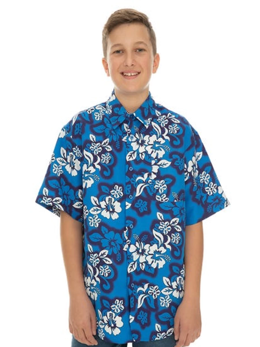 Lowes Men's Blue Hawaiian Shirt with Hibiscus Print - Casual Summer Aloha Shirt