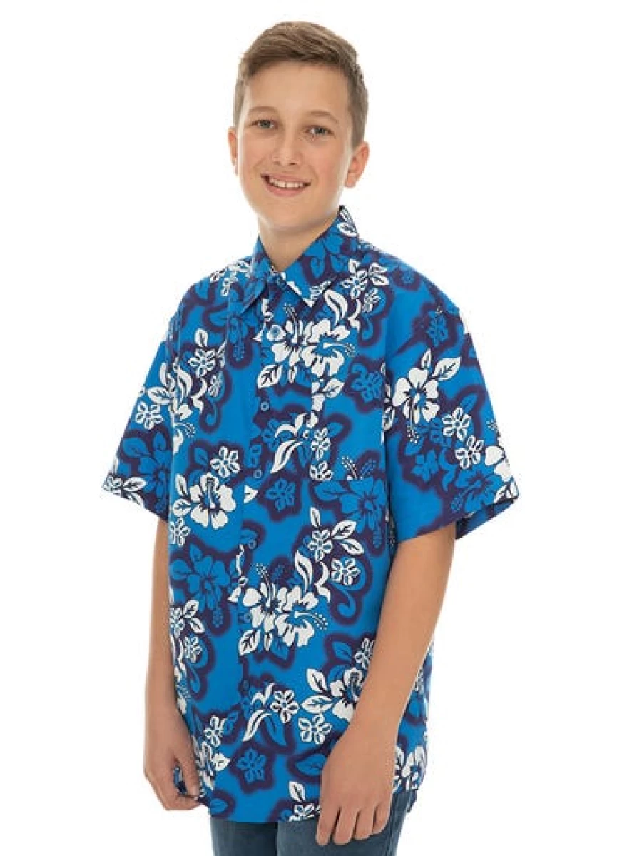 Lowes Men's Blue Hawaiian Shirt with Hibiscus Print - Casual Summer Aloha Shirt