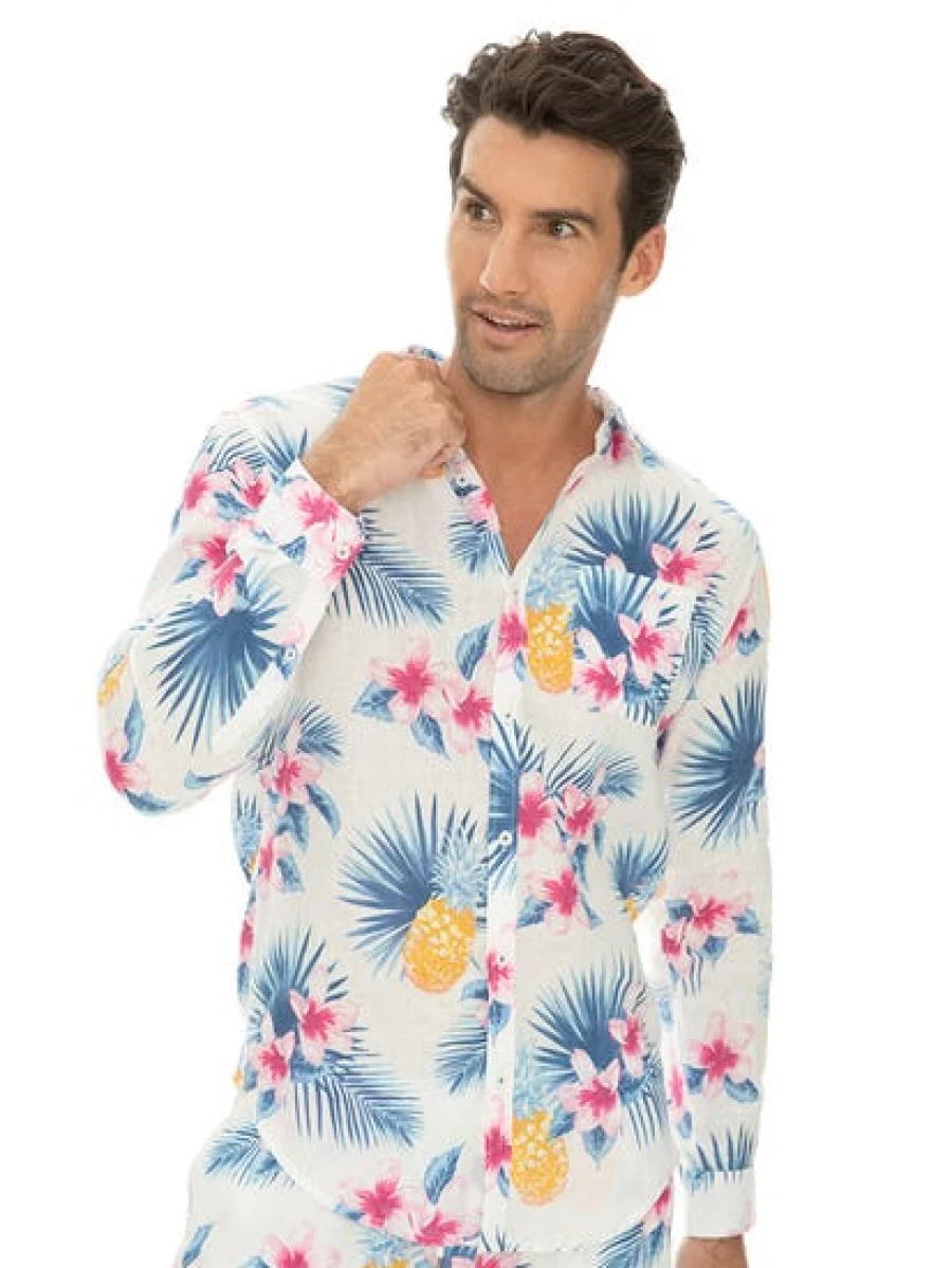 Riley Adams Men's White Linen Long Sleeve Shirt with Floral Pattern