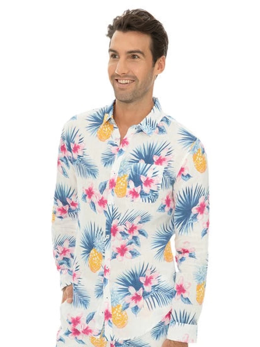 Riley Adams Men's White Linen Long Sleeve Shirt with Floral Pattern